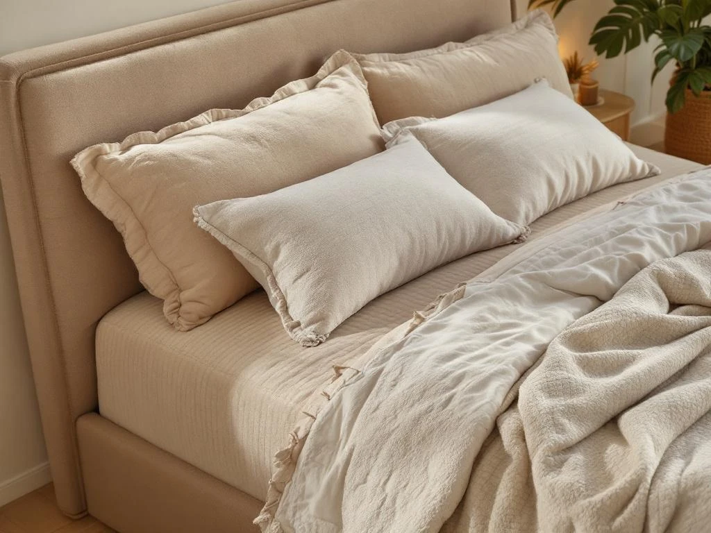 Luxe boxspring bed met beige teddystof bekleding, opgemaakt met dekbed en kussens in warme natuurtinten