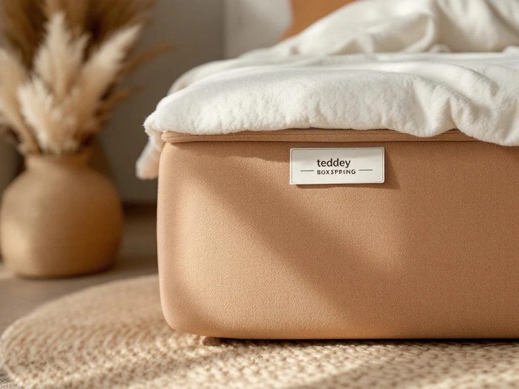 Luxe beige teddystof boxspring met terracotta dekbed en sierkussens in warme slaapkamer met natuurlijke belichting
