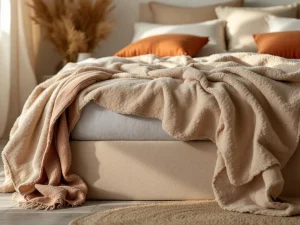 Luxe beige teddystof boxspring met saliegroen dekbed, terracotta kussens en natuurlijke styling in warme aardetinten