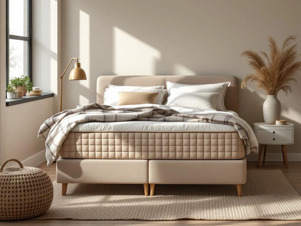 Moderne slaapkamer met beige teddystof boxspring en saliegroen dekbed, gestileerd met kussens en jute vloerkleed