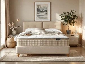 Luxe beige teddystof boxspring met zomerdekbed, sierkussens en ventilator op nachtkastje in lichte slaapkamer