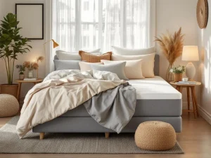 Boxspring bed met temperatuurregulerende dekbed in beige slaapkamer, blauwe en oranje gloed toont koeling en warmte