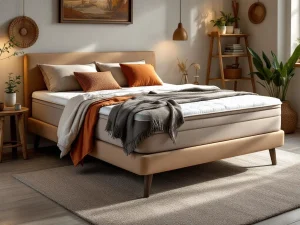 Boxspring bed met twee losse matrassen onder beige dekbed, antraciet hoofdbord en terracotta kussens in warme slaapkamer