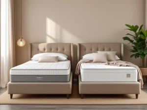 Twee boxsprings in hotelkamer: luxe model met gestoffeerd hoofdbord naast standaard versie, beige dekbedden, warme sfeer