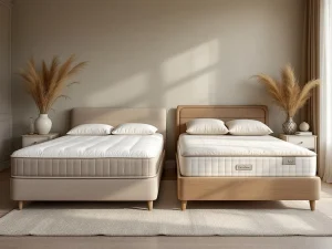 Oude doorgedrukte boxspring naast nieuwe beige boxspring in stijlvolle slaapkamer met natuurlijke verlichting