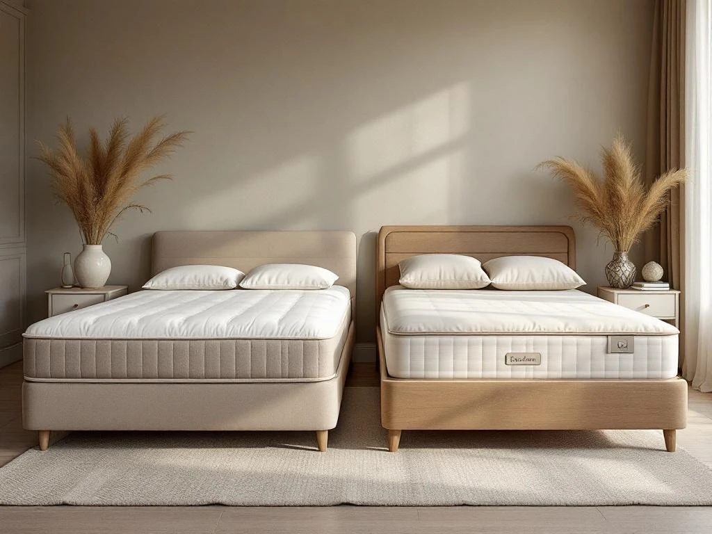 Oude doorgedrukte boxspring naast nieuwe beige boxspring in stijlvolle slaapkamer met natuurlijke verlichting