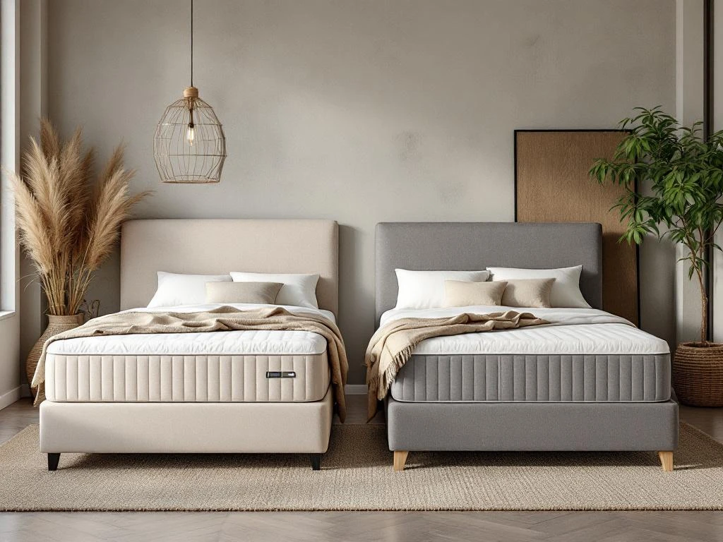 Twee boxspring bedden in Nederlandse showroom: beige met hoofdbord links, grijs rechts, beide opgemaakt met dekbedden