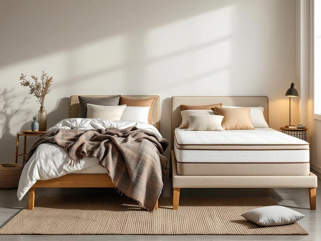 Vergelijking traditioneel bed met lattenbodem en boxspring bed in antraciet, beide opgemaakt met aardetinten dekbedden