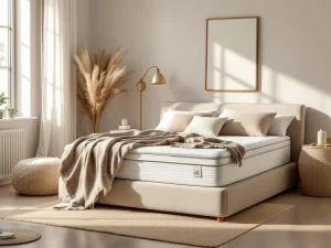 Elegante beige boxspring en transparant waterbed in slaapkamer met natuurlijke kleurtonen en zachte ochtendbelichting