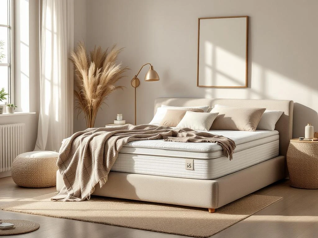 Elegante beige boxspring en transparant waterbed in slaapkamer met natuurlijke kleurtonen en zachte ochtendbelichting