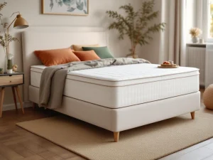 Wit gestoffeerd boxspring bed met beige dekbed, terracotta en groene sierkussens in moderne slaapkamer met natuurlijke verlichting