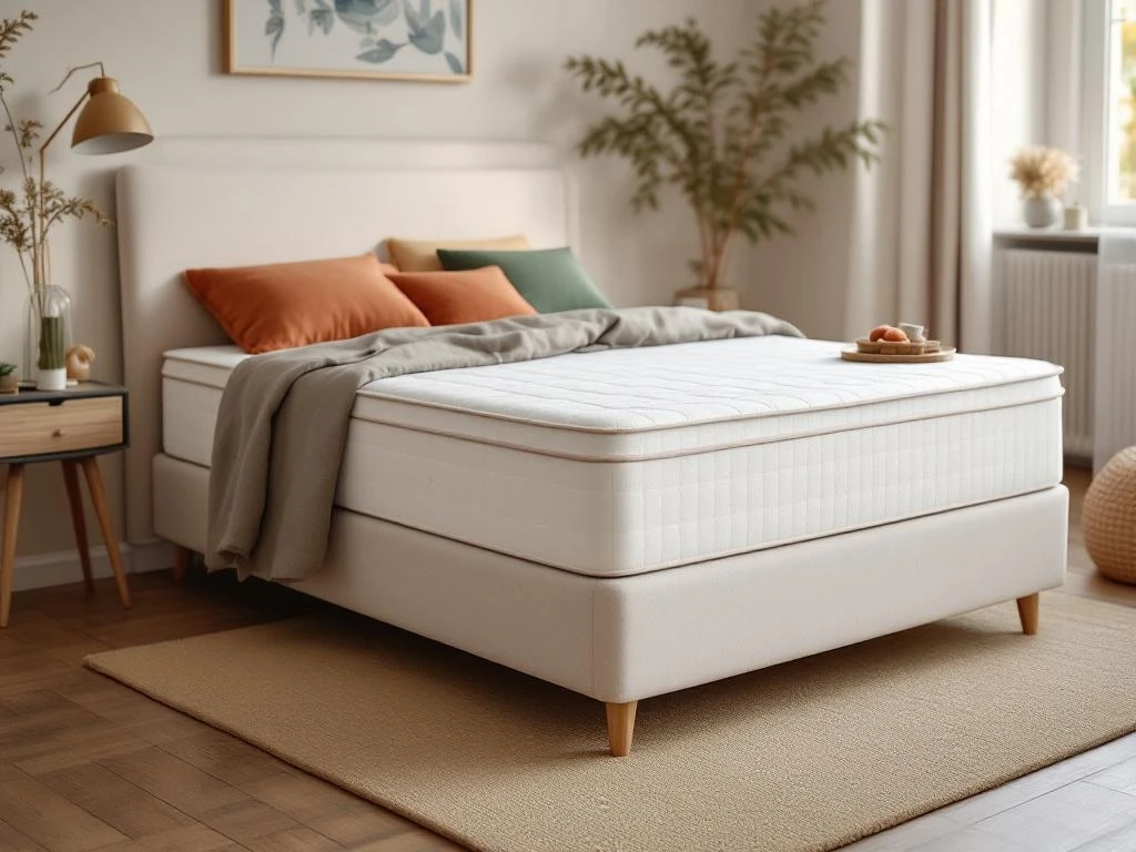 Wit gestoffeerd boxspring bed met beige dekbed, terracotta en groene sierkussens in moderne slaapkamer met natuurlijke verlichting