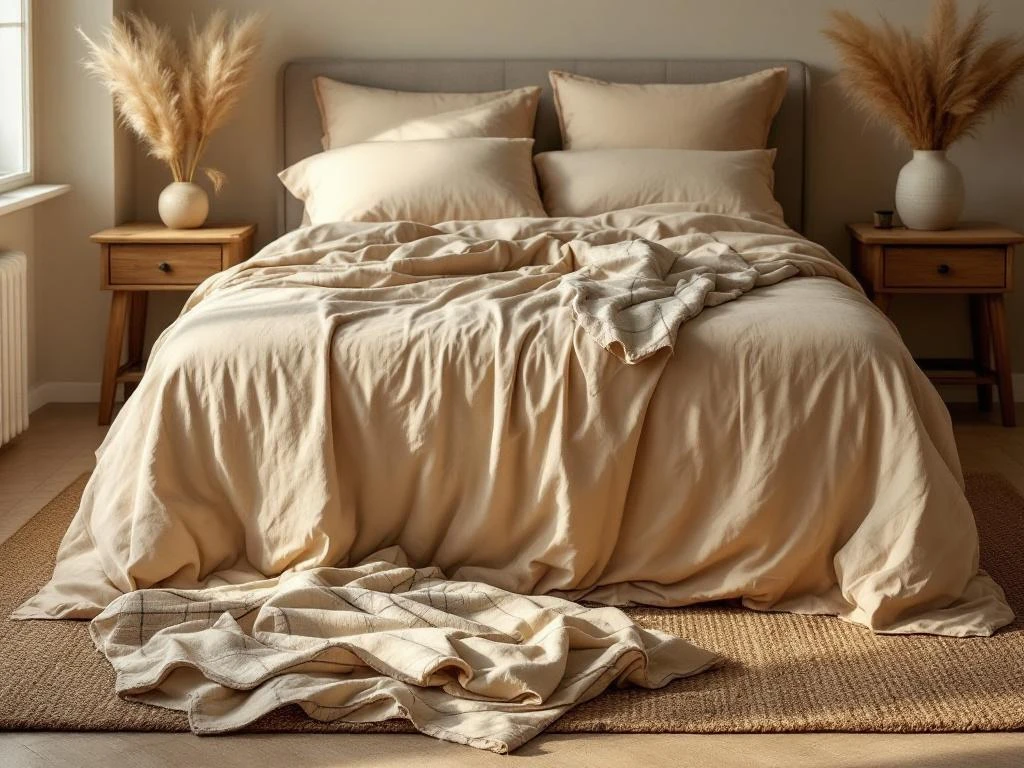 Vergelijking tussen nieuw beige dekbed op bed en oud versleten dekbed op jutevloerkleed in slaapkamer