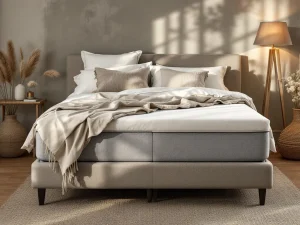 Tweepersoons boxspring met beige dekbed in warme slaapkamer met gestoffeerd hoofdbord en natuurlijke verlichting