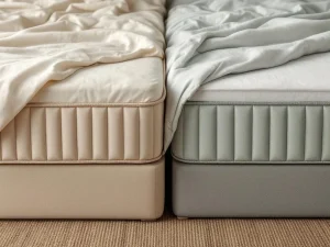 Vergelijking van cassette dekbed met gestikt patroon en kanaal dekbed met verticale naden op boxspring bed