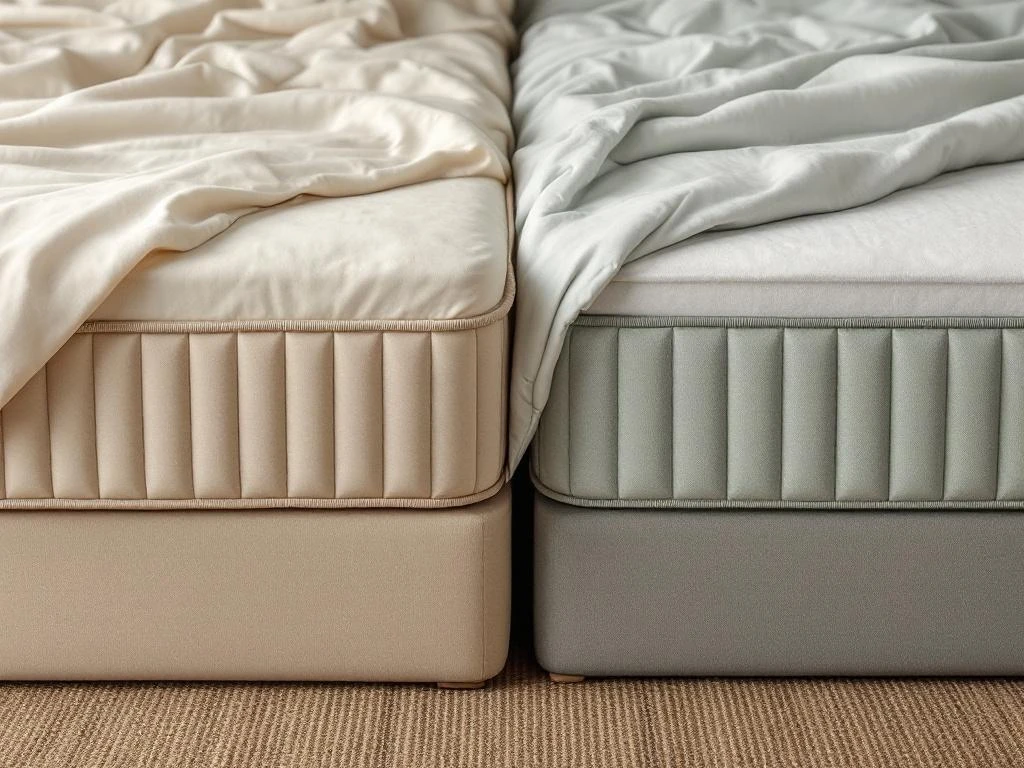 Vergelijking van cassette dekbed met gestikt patroon en kanaal dekbed met verticale naden op boxspring bed