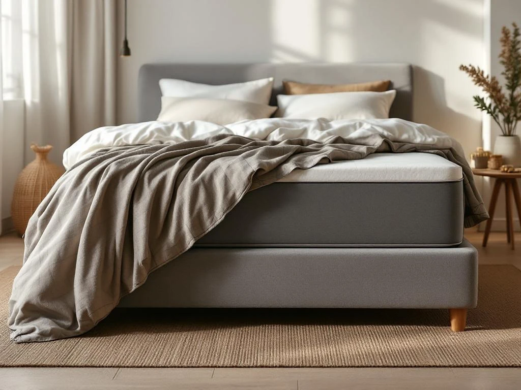 Boxspring bed met twee dekbedden: synthetisch dekbed met vochtplekken versus fris natuurlijk dekbed in warme slaapkamer