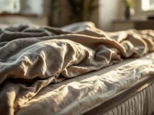 Oud, versleten dekbed met verkleuring en platte vulling op boxspring bed, met nieuw dekbed op achtergrond in zonlicht.