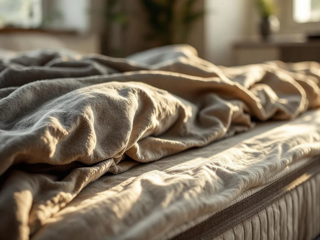 Oud, versleten dekbed met verkleuring en platte vulling op boxspring bed, met nieuw dekbed op achtergrond in zonlicht.