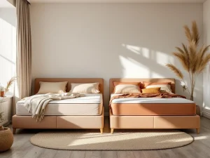 Boxspring bed met dun zomerdekbed (beige) en dik 4-seizoenen dekbed (terracotta) getoond in moderne slaapkamer