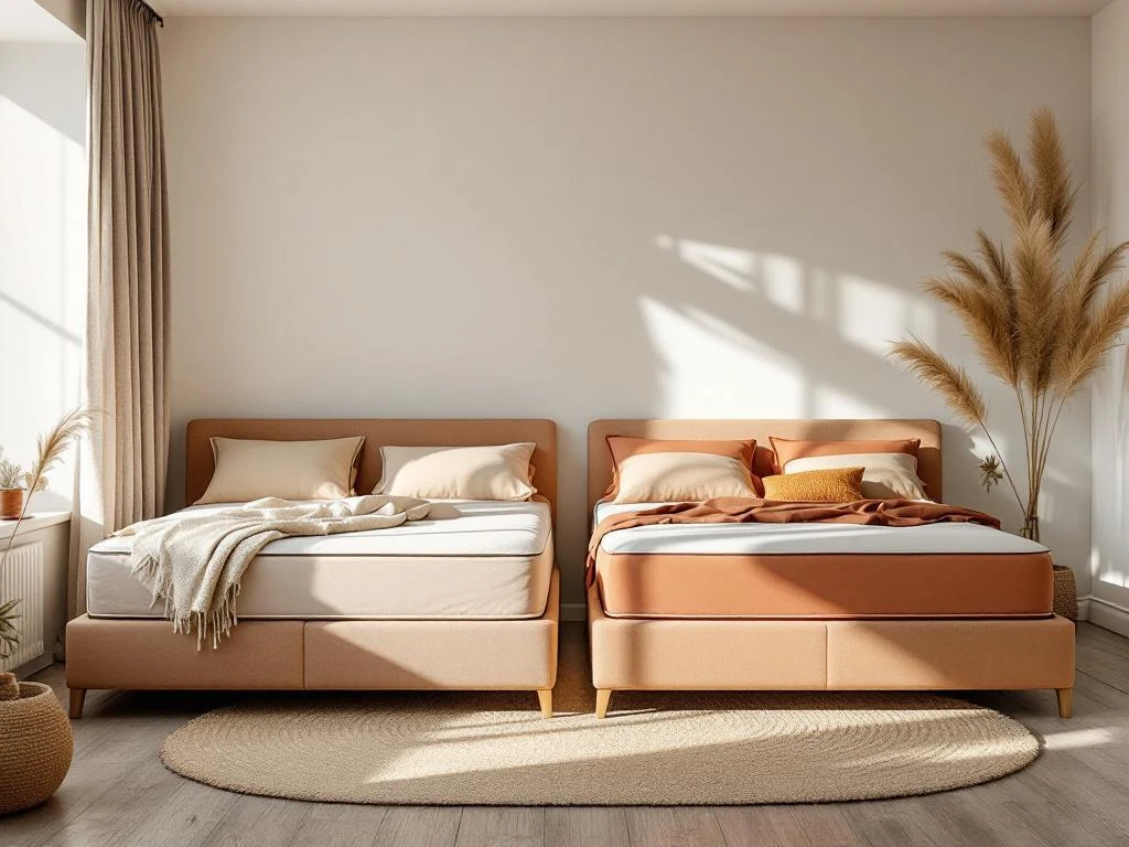 Boxspring bed met dun zomerdekbed (beige) en dik 4-seizoenen dekbed (terracotta) getoond in moderne slaapkamer