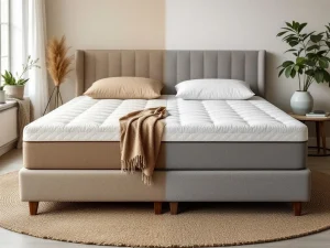 Twee dekbedden op boxspring: luxe donzen dekbed links, synthetisch dekbed rechts in natuurlijke slaapkamer setting