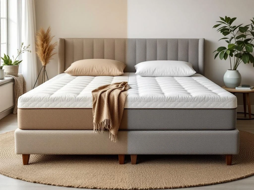 Twee dekbedden op boxspring: luxe donzen dekbed links, synthetisch dekbed rechts in natuurlijke slaapkamer setting