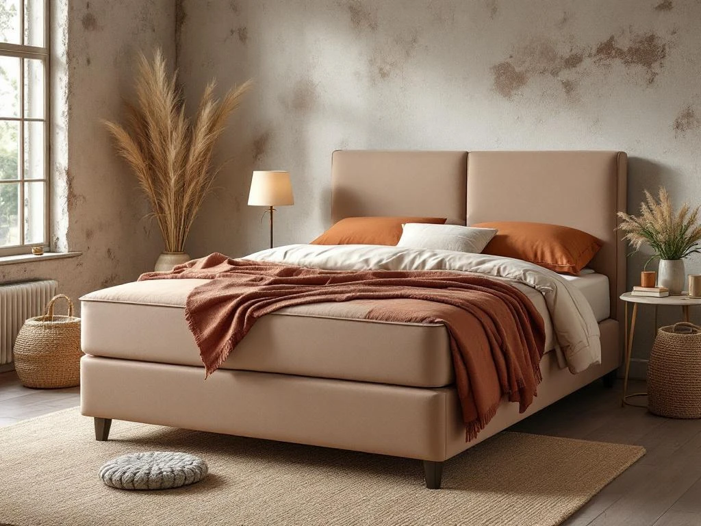Elegant beige gestoffeerd divan bed met terracotta dekbed en kussens in natuurlijke slaapkamer met jute vloerkleed