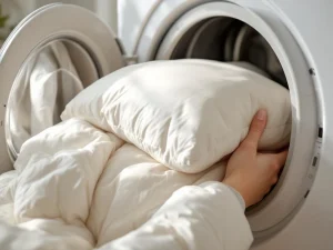 Witte donzen dekbed wordt voorzichtig in moderne witte wasdroger geplaatst, close-up van huishoudelijke verzorging