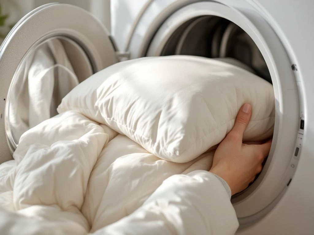 Witte donzen dekbed wordt voorzichtig in moderne witte wasdroger geplaatst, close-up van huishoudelijke verzorging