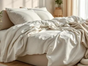 Wit donzen dekbed wordt uitgeschud over beige boxspring in natuurlijk verlichte slaapkamer met warme tinten