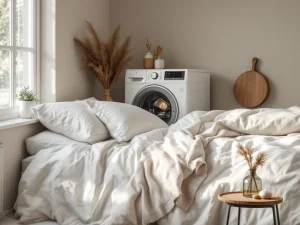 Wit donzen dekbed wordt in moderne wasmachine geplaatst, temperatuurregelaar op 30°C, verzorgde wasruimte