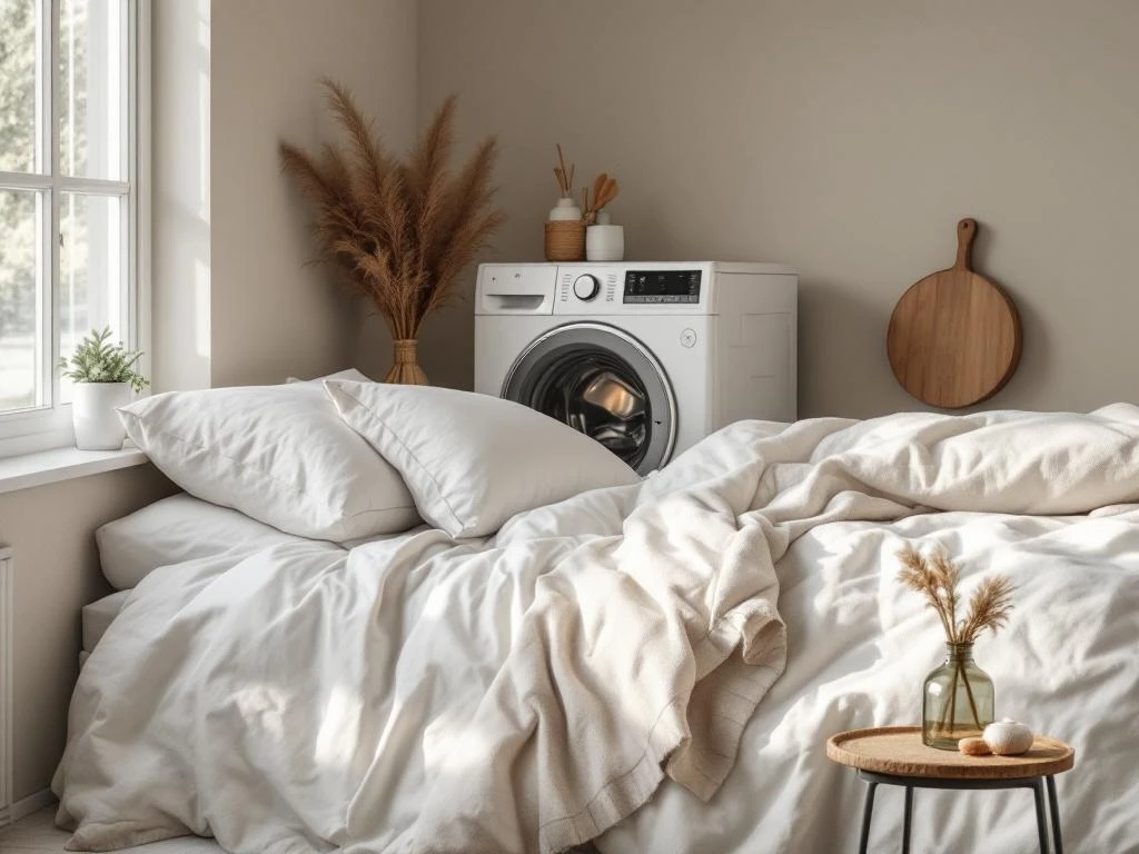 Wit donzen dekbed wordt in moderne wasmachine geplaatst, temperatuurregelaar op 30°C, verzorgde wasruimte