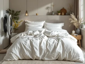 Wit donzen dekbed wordt voorzichtig in moderne wasmachine geplaatst in verzorgde wasruimte met houten accenten