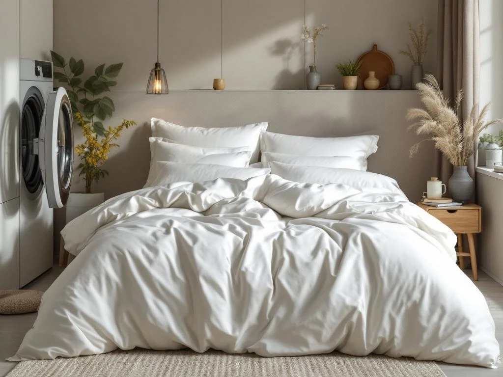 Wit donzen dekbed wordt voorzichtig in moderne wasmachine geplaatst in verzorgde wasruimte met houten accenten