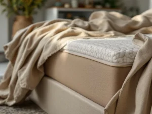 Duurzame boxspring met beige gestoffeerd hoofdbord, aardetinten dekbed, jute vloerkleed en houten nachtkastje