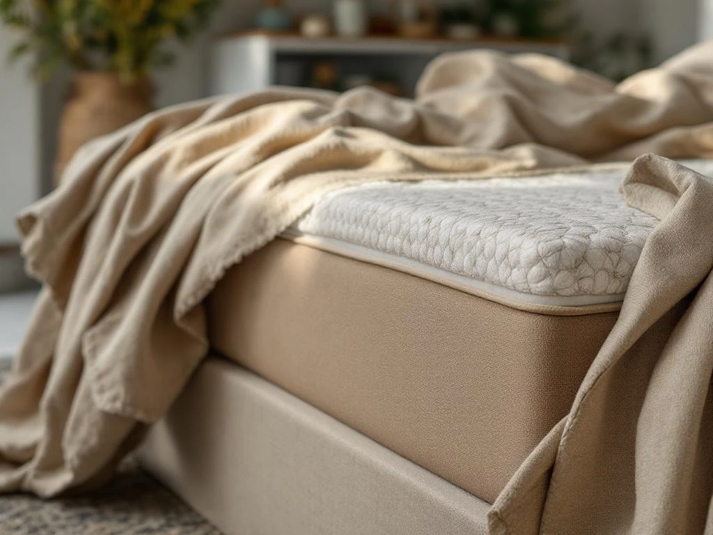 Duurzame boxspring met beige gestoffeerd hoofdbord, aardetinten dekbed, jute vloerkleed en houten nachtkastje