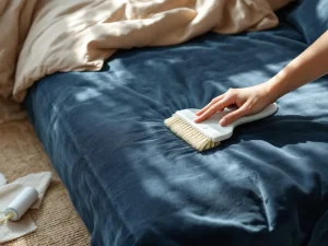 Donkergrijze fluwelen boxspring met beige linnen dekbed wordt schoongemaakt met borstel en reinigingsmiddelen