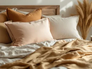 Twee hoofdkussens op bed, één plat en ingevallen, ander vol en stevig, beige beddengoed met terracotta accenten