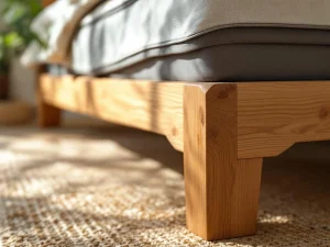 Houten lattenbodem close-up met natuurlijke textuur en warme belichting, boxspring frame op achtergrond
