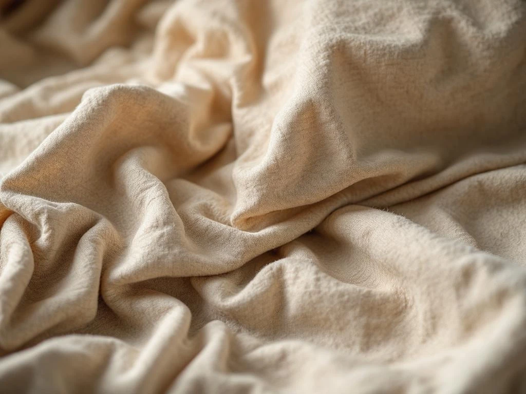 Beige en saliegroen katoenen dekbedovertrekken met lichte kreukels na het wassen, gestapeld op jute ondergrond