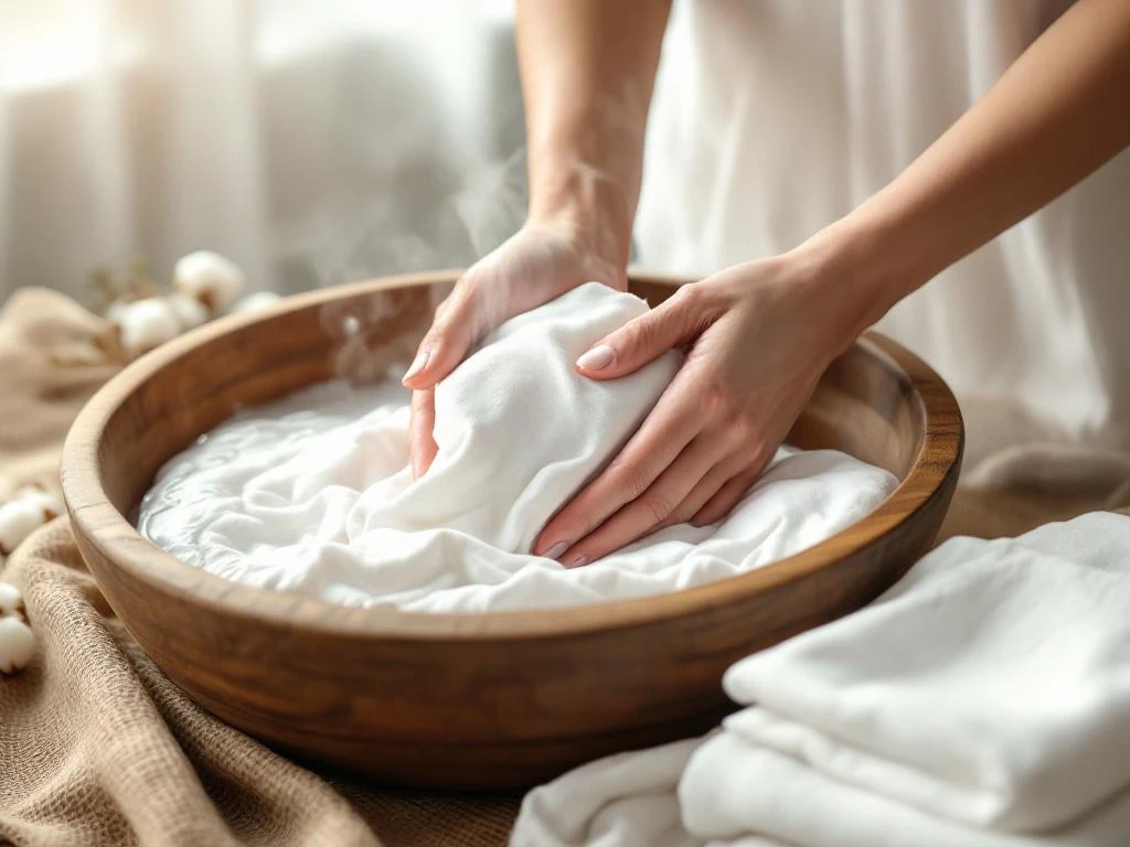 Handen wassen witte katoenen lakens voorzichtig in houten wasbak met warm water en stoom