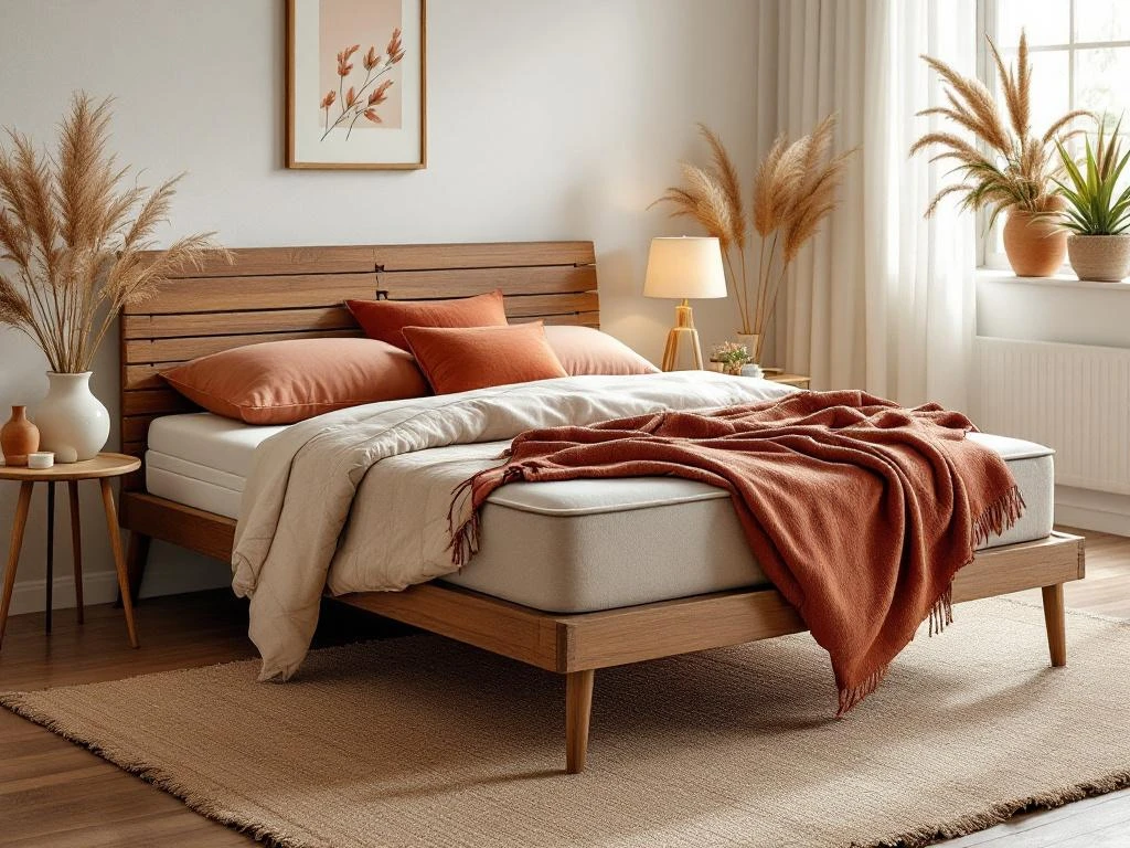 Elegante chocoladebruine leren boxspring met beige dekbed en terracotta kussens in stijlvolle slaapkamer