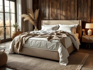 Luxe boxspring met antraciet hoofdbord in stijlvolle slaapkamer met aardetinten, jute vloerkleed en natuurlijke verlichting