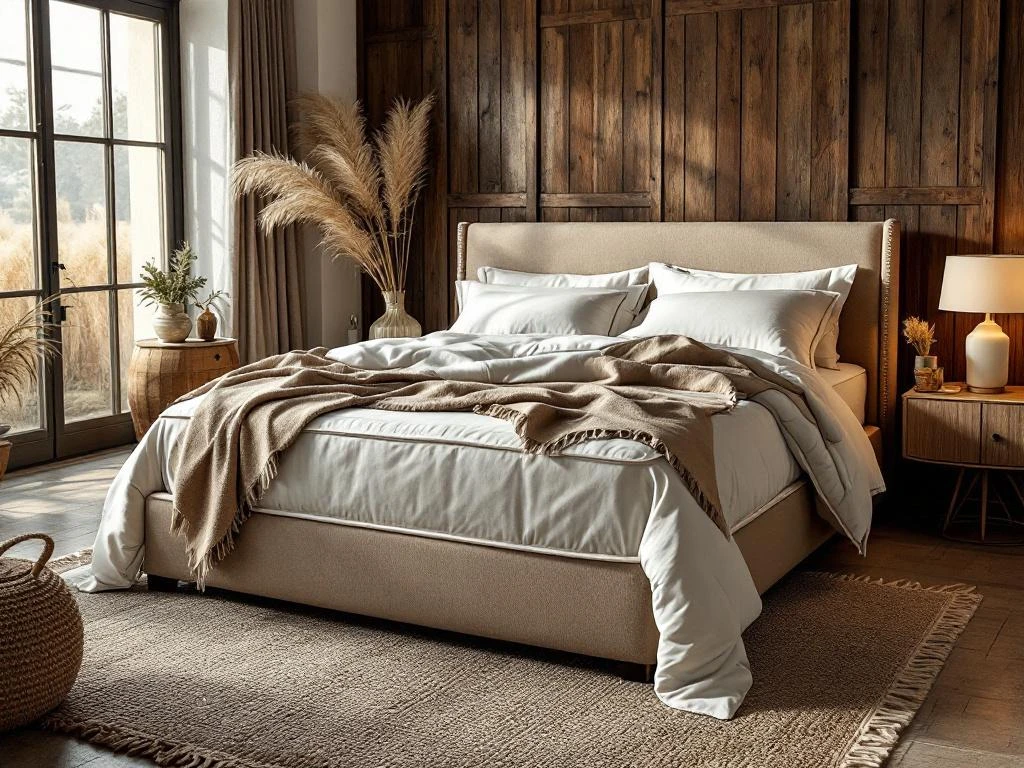 Luxe boxspring met antraciet hoofdbord in stijlvolle slaapkamer met aardetinten, jute vloerkleed en natuurlijke verlichting