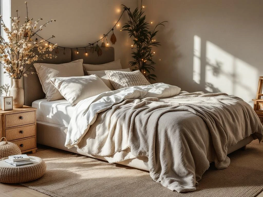 Luxe boxspring bed met beige dekbed en sierkussens in gezellige winterslaapkamer met zachte verlichting