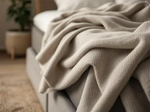 Luxe beige hoeslaken met fijne weefstructuur gedrapeerd over boxspring hoek, natuurlijke belichting toont textielkwaliteit