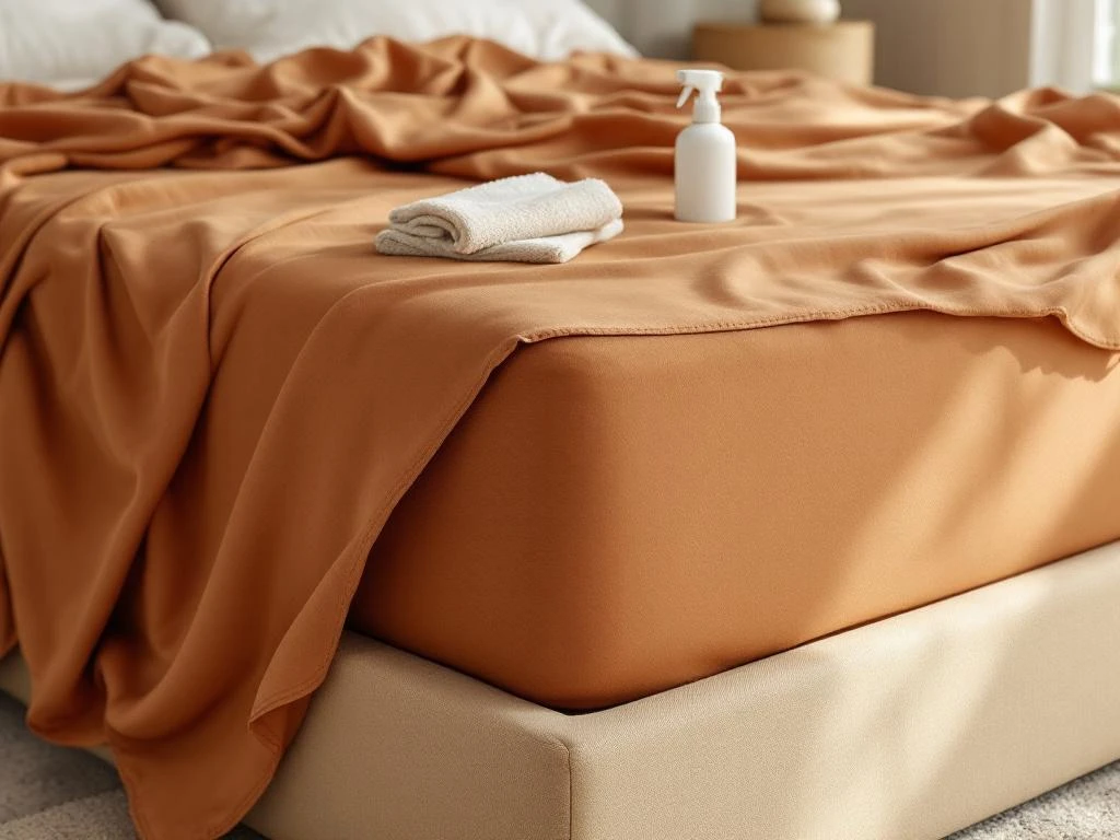 Schone boxspring matras met terracotta dekbed op beige gestoffeerd bed, reinigingsproducten zichtbaar op jute vloerkleed