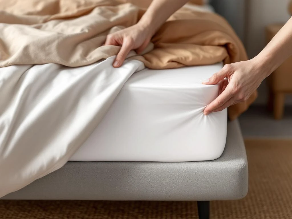 Wit waterdicht matrasbeschermer wordt over hoek van boxspring matras geplaatst in stijlvolle slaapkamer