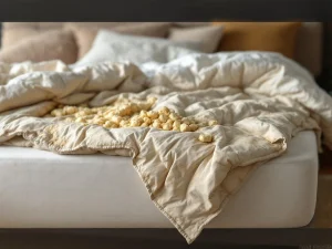 Oude, versleten dekbed met vlekken en klonters op boxspring bed dat vervanging nodig heeft in neutrale slaapkamer